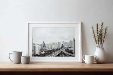 A grayscale cityscape photograph in a white frame, accompanied by minimalist grey ceramic mugs and a vase of dried plants on a light wood surface. Modern and serene.