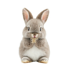 Obraz premium Fluffy rabbit with soft gray fur, sitting upright with paws together, exuding cute and playful demeanor