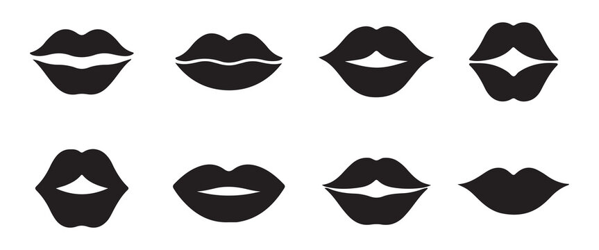 Icons of female lips. Girl mouth close up expressing different emotions symbol collection. Vector illustration