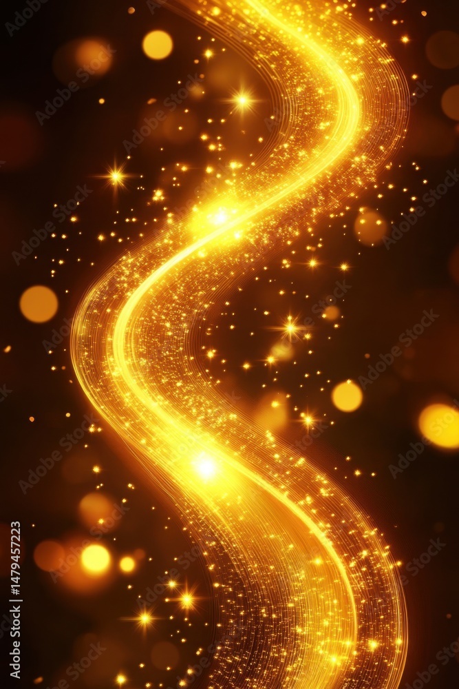 Aufkleber golden light streaks flow in a vertical abstract composition with bokeh and sparkle effects for fest