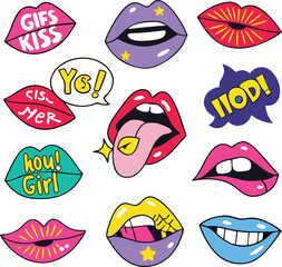 Lips patches collection. Vector illustration of women's lips with writings and relevant words, expressing different emotions. Isolated on white.