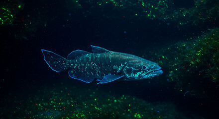 Naklejka premium Ancient coelacanth underwater beauty a living fossil gracefully swims through deep ocean darkness