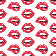Lips pattern. Vector seamless pattern with woman's red sexy lips on white background.