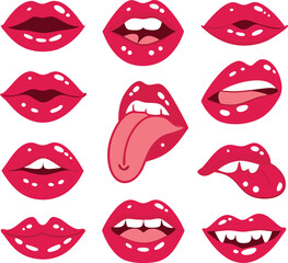 Red lips collection. Vector illustration of sexy woman's lips expressing different emotions, such as smile, kiss, half-open mouth, biting lip, lip licking, tongue out. Isolated on white.