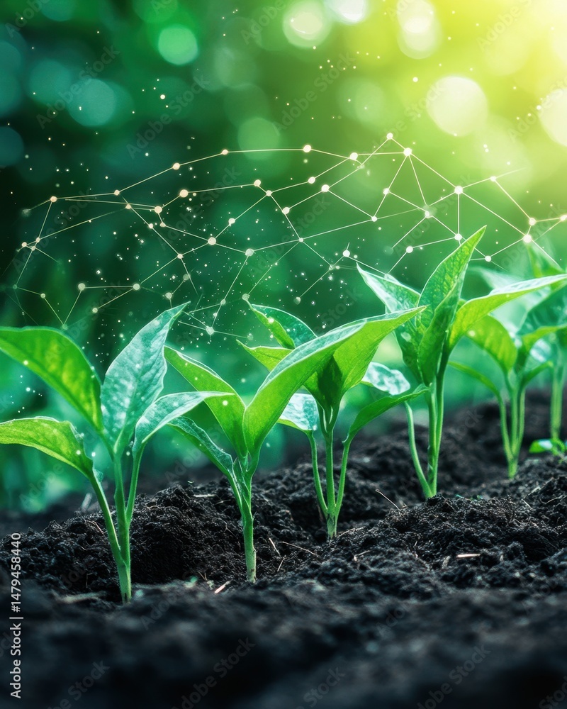 Poster seedlings in soil with digital network overlaying plants representing smart agriculture and technolo