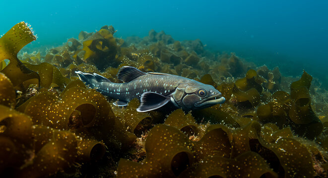 Majestic Patagonian toothfish glides through kelp forest vibrant underwater scene