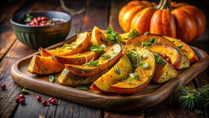 Night Photography: Vibrant Roasted Squash, Autumnal Food, Dark Background, Warm Lighting, Delicious Fall Recipe