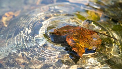 Rippling water reflection with autumn leaf tranquil stream nature photography close-up serene environment