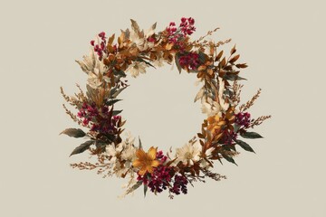 Circular arrangement of dried flowers and leaves.