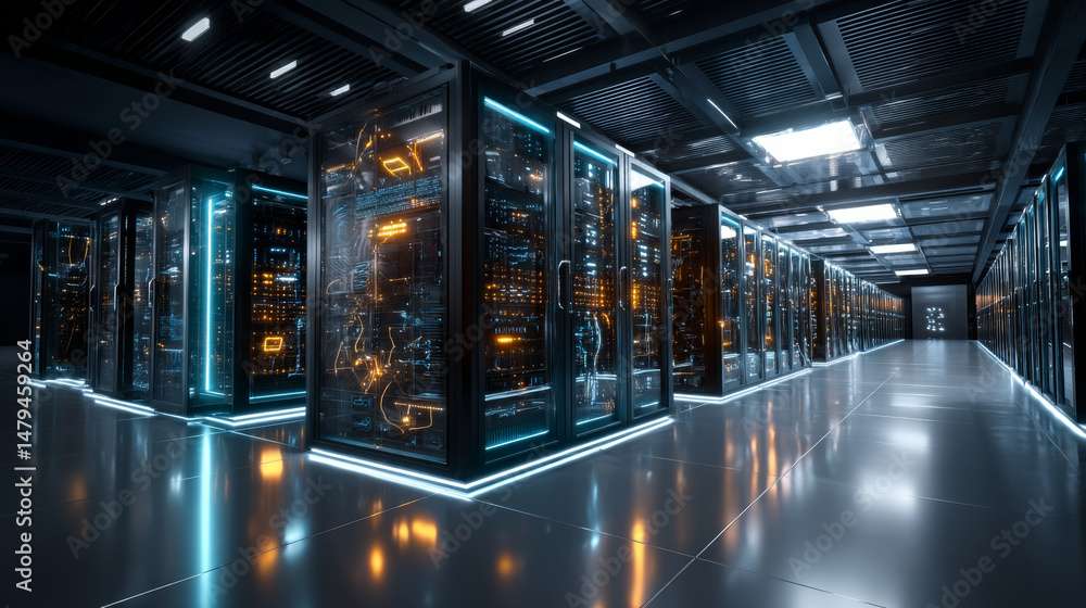 Poster data center or digital storage. server rack with glowing lights. abstract tech background of cloud c