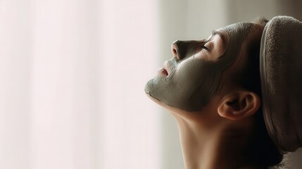 Relaxed woman applying face mask near window.