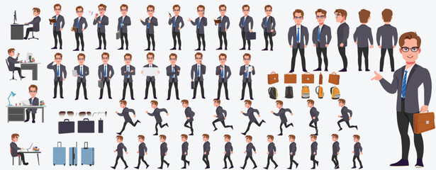 Man Character design. Front, side, back view and explainer animation poses. Character set with lip sync and facial expressions of Happy, angry, sad, Joy with Side walk cycle animation sequence sprite 