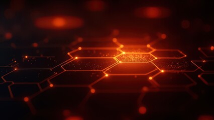 Fototapeta premium Glowing hexagonal grid with orange light on dark background, futuristic digital backdrop with illuminated honeycomb pattern and abstract tech concept.