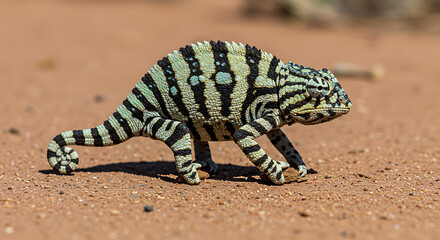Fototapeta premium Stunning Striped Chameleon walking on desert sand amazing reptile wildlife beauty