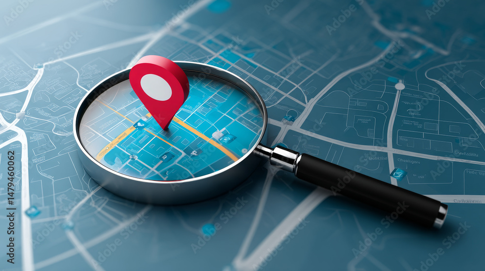 Poster vector icon of map with magnifying glass or gps red arrow.