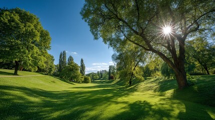 Obraz premium Scenic park landscape: Sunlight filters through lush green trees, illuminating a vibrant meadow. A pathway meanders through the gentle slopes and verdant foliage.