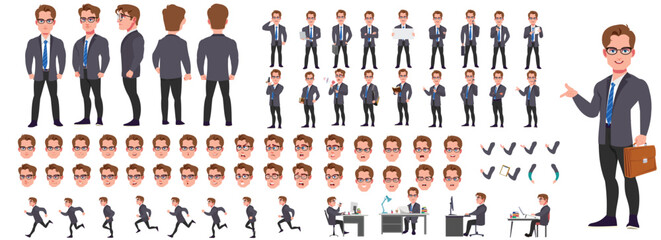 Man Character design. Front, side, back view and explainer animation poses. Character set with lip sync and facial expressions of Happy, angry, sad, Joy with Side walk cycle animation sequence sprite 