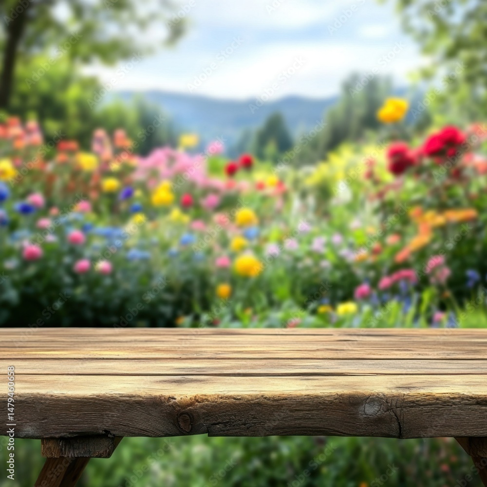 Poster rustic wooden tabletop displaying colorful flower garden in background with mountains landscape view