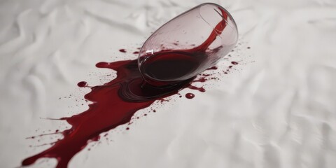 Dark red wine blot spreading across crisp white linen, catering, stain, food
