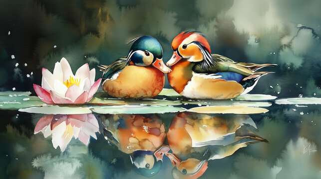 duck couple in the pond love and romance concept illustration water color painting art valentine day