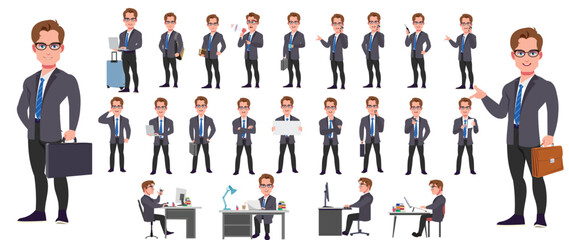 Man Character design. Front, side, back view and explainer animation poses. Character set with lip sync and facial expressions of Happy, angry, sad, Joy with Side walk cycle animation sequence sprite 
