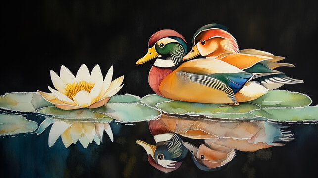 duck couple in the pond love and romance concept illustration water color painting art valentine day