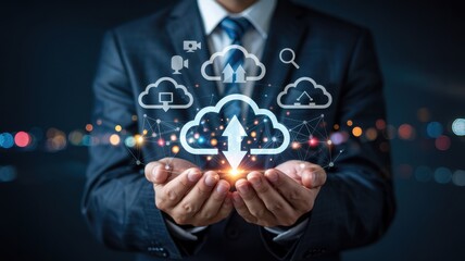 Businessperson holds cloud computing graphic in hands.