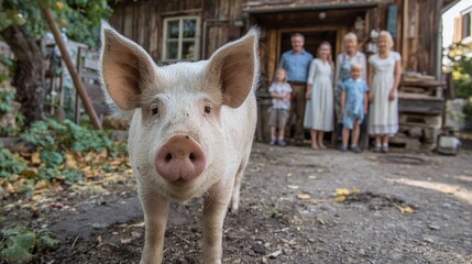 Curious pig posing in front of a family home. A rustic setting with a loving atmosphere. The pig looks directly at the viewer with playful curiosity.