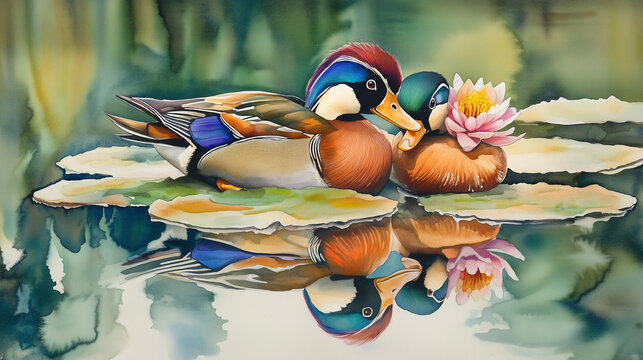 duck couple in the pond love and romance concept illustration water color painting art valentine day