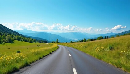 Naklejka premium Empty cycling road winding through a scenic landscape under a clear blue sky , serene, asphalt, open road
