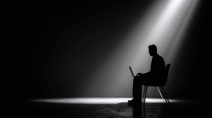 Silhouette of person sitting on chair with laptop in spotlight, emphasizing focus and isolation. Digital connectivity in a monochromatic setting.