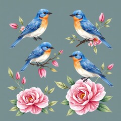 Fototapeta premium Vibrant Watercolor Bluebirds Among Floral Elements on Gray Background