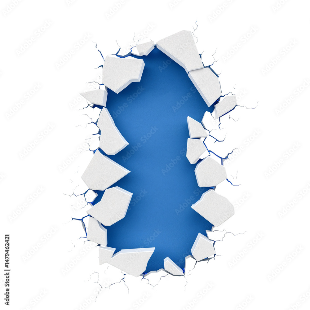 Poster 3d rendered blue hole effect with exploding walls and cracks against black background