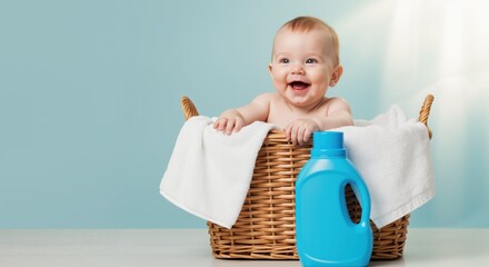 Baby smiling while sitting in a laundry basket with detergent bottle  