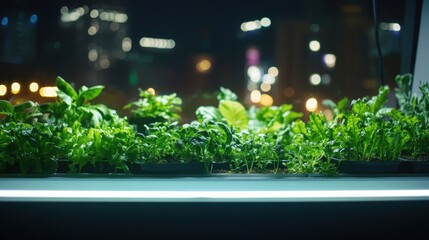 High tech urban garden with soft led illumination at night in a modern city setting