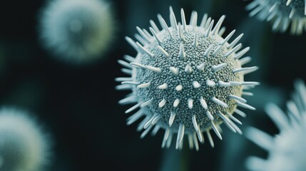 Obraz premium Close up of virus cell with spikes in dark background microscopic view medical concept disease research