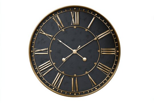 A large, elegant clock with Roman numerals and gold accents on a black face.  A sophisticated timepiece perfect for any home.