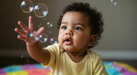 Baby reaching for bubbles while sitting on a colorful play mat  