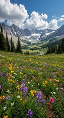 Colorful summer wildflowers in a scenic mountain valley landscape