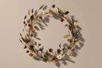A circular arrangement of dried flowers and grasses.