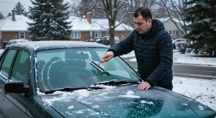 Man scraping ice from windshield of car in snowy winter morning  