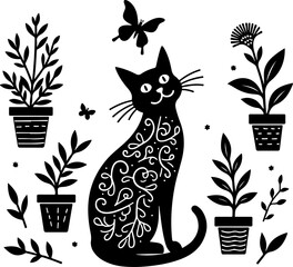 Floral Cat Silhouette with Butterfly"