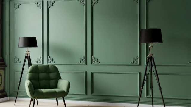 Green armchair and floor lamps against a paneled wall in an elegant interior