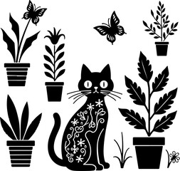 Dog and Cat Silhouette Clipart with Butterfly and Flowers