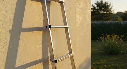 Metal ladder leaning on wall during sunset against garden background  