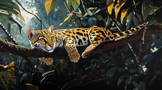 leopard sleeping on a tree in the forest cinematic lighting closeup shot. wildlife photography