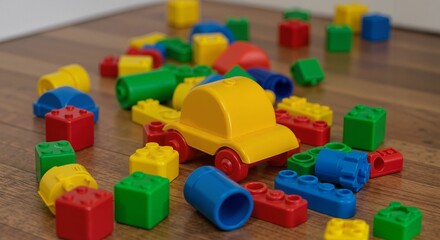 Plastic toys scattered on floor with colorful blocks and car  
