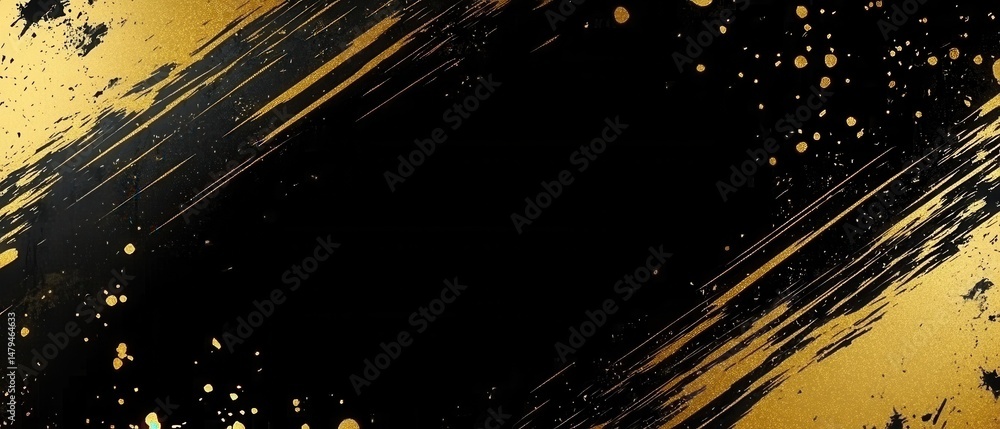 Poster abstract black and gold texture background with brush strokes and splatter art design for graphic de