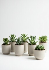 Fototapeta premium Minimalist Succulent Collection in Ceramic Pots Modern Indoor Houseplants Arrangement on Clean White Background