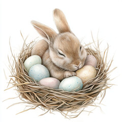 Cute bunny sleeps peacefully nestled among colorful eggs in nest